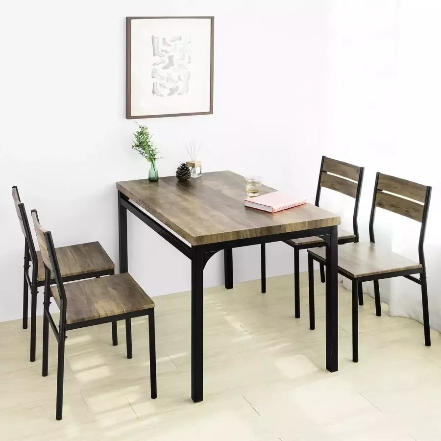 MARA Eettafel Set 4 Delige Set Tafelset met 4 stoelen Industrieel Hout Metaal 110 x 70 x 76 cm