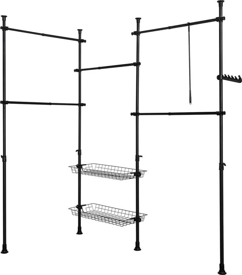 MARA Kledingrek Klerenrailsysteem Opbergsysteem Telescopisch 2 Manden 5 Kledingstangen Zwart Staal B (209-305) x H (200-270) cm