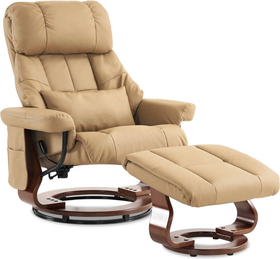 MARA Luxe Massagestoel Met Kruk 360° Draaibaar Relaxstoel Ligfunctie Kunstleer Hout Geel Beige 90 x 86 x 110 cm