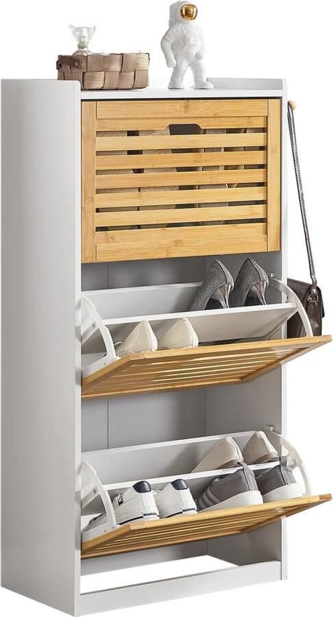 MARA Schoenenkast Opbergkast Voor Schoenen Gangkast Met 3 Bladen MDF Bamboe Wit Bruin 30 x 55 x 112 cm