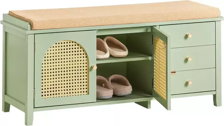 MARA Schoenenbank Schoenenkast Rotan Met zitkussen Lage Kast Opbergbank Opbergkast Met 3 Lades 2 Deuren 100 x 34 x 46 cm
