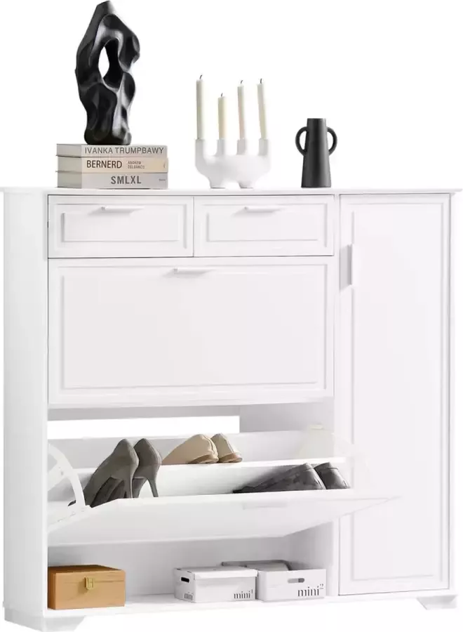 MARA Schoenenkast Schoenenrek Dressoir Opbergkast 2 Kleppen Wit 120 x 26 x 111 cm