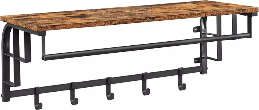 MARA Wandkapstok met Plank Wandrek met 5 Afneembare Haken Hangrek met Kledingstang Vintage Bruin Zwart 80 x 30 x 27 cm