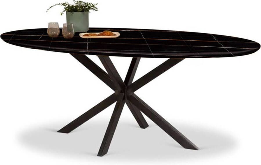 Marazzi Marmerlook Keramische Tafel Ovaal Sahara Noir Onderstel Metaal 75cm hoog 180x80