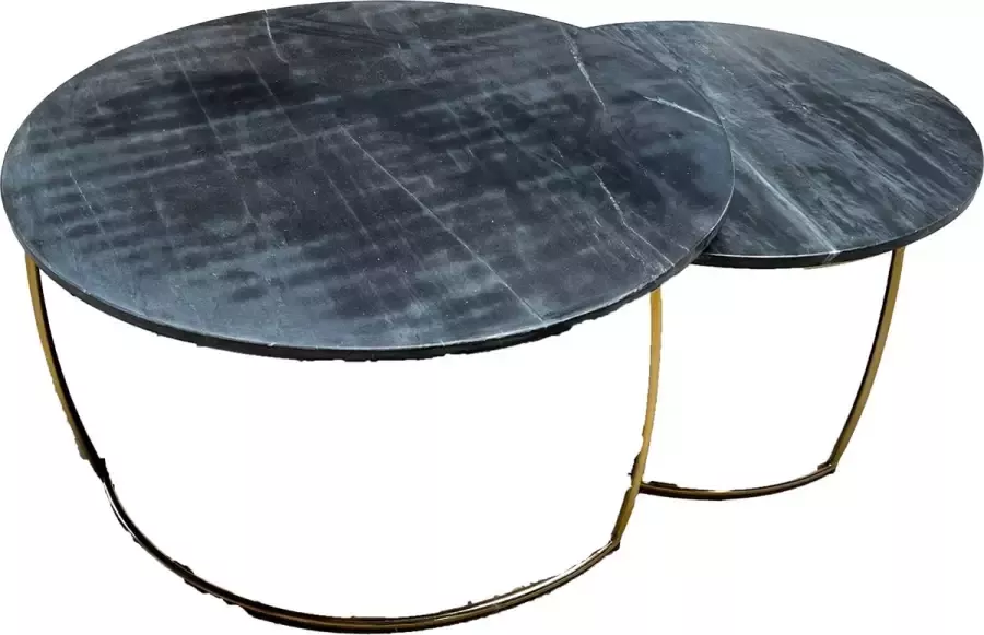 Marble Living Salontafel Set van 2 Zwart (Black) Marmer Look Ø75 Ø 60 Bijzettafel Tafel Rond Woonkamer Tafel Decoratie Tafel Salon Tafel Wandtafel Koffietafel Zilveren Metalen Frame