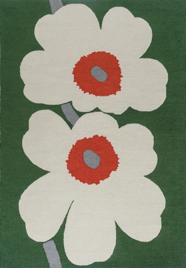 Marimekko Unikko 60th Anniversary Green 433007 Vloerkleed 250 x 350 cm Groen Rectangular PET Eetkamer Woonkamer Keuken Terrace Bloemen Buitentapijten