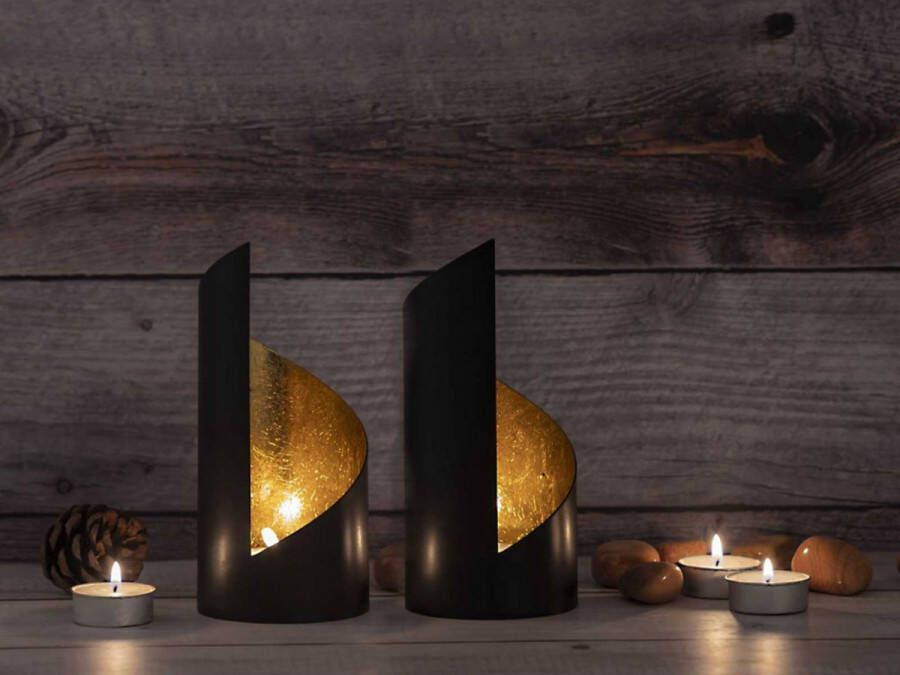 Marinjoc Theelichtjes Set van 2 Theelichthouder Windlicht Zwart Kaarsenhouder- Goud Woon accessoires Cadeautje Kerst Kaarsen standaard Verjaardag Winter Modern Landelijk Klassiek sfeerlicht Tafel decoratie