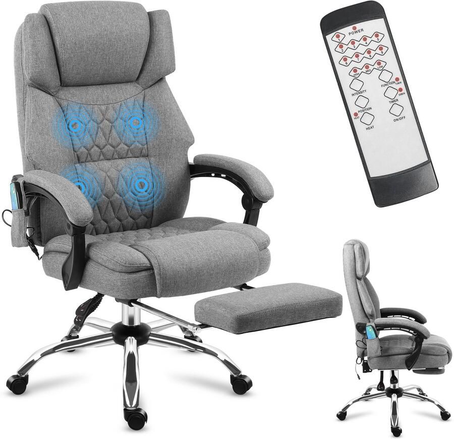 Mark Adler Boss 6.0 Bureaustoel – Massagefunctie – 4 Massagestanden & 9 Vibratiestanden – Verwarming – Verstelbare Hoofdsteun – Voetensteun – Tilt Dual – Grijs – 130 kg