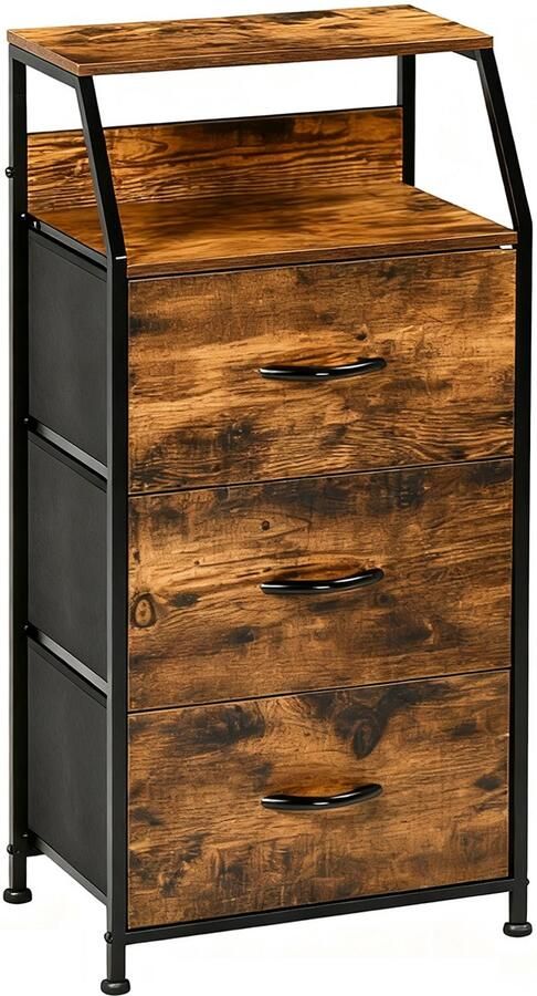 Markenlos 1 nachtkastje met oplader donkerbruin stoffen design – side table bedroom met 3 lades en open opbergruimte ideaal als night stand voor slaapkamer of bed side tables bedroom