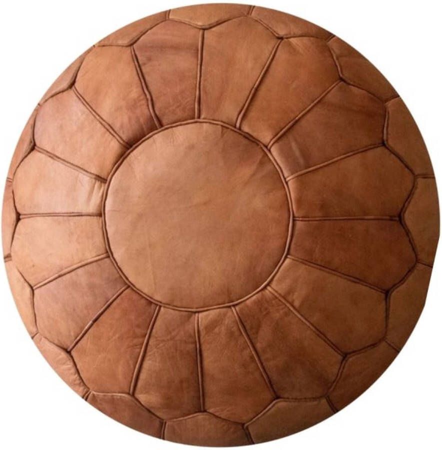 marocstore.nl Marokkaanse Leren Poef Cognac bruin Rond Ø60 H 35cm Handgemaakt Gevuld geleverd