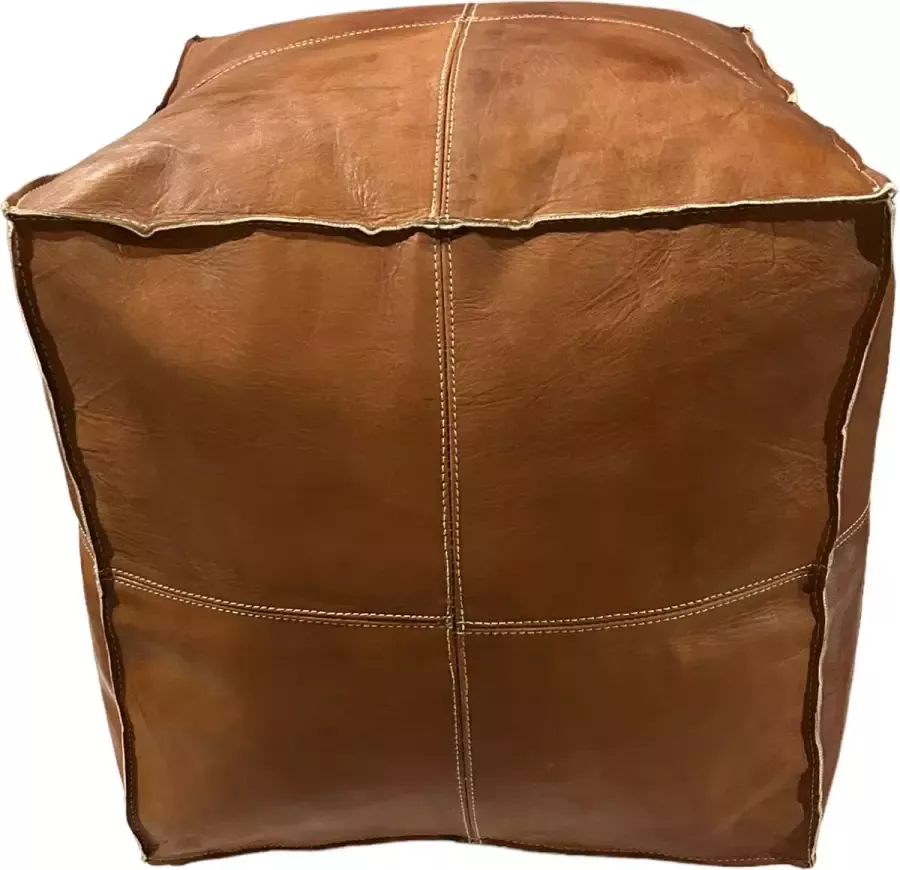 marocstore.nl Vierkante leren poef cognac bruin 50x45x45 cm Handmade