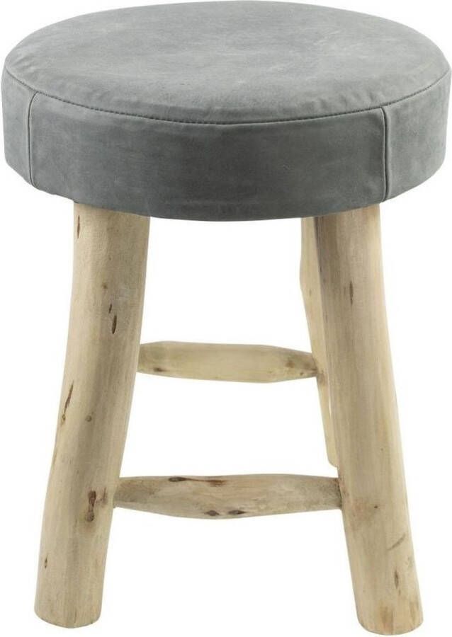 Mars & More Houten kruk chalet rond grijs leer 45 cm Hoog