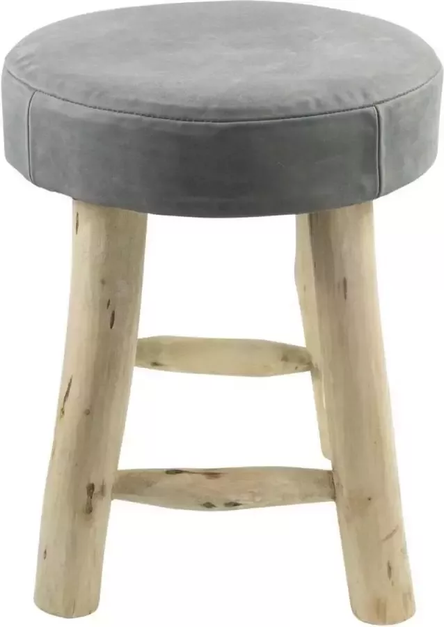 Mars & More Houten kruk chalet rond grijs leer 45 cm Hoog