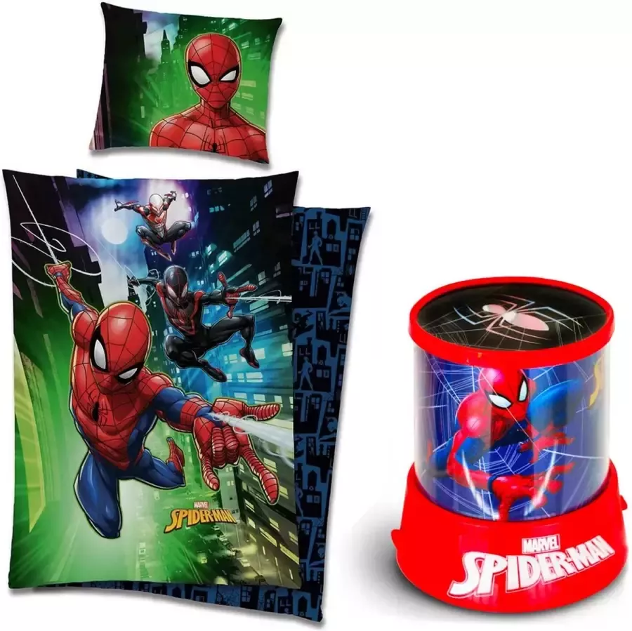 Marvel Dekbedovertrek Spider-man- 1 persoons- 140 X 200 Cm Katoen-dubbelzijdig incl. Spider-Man projectie lamp