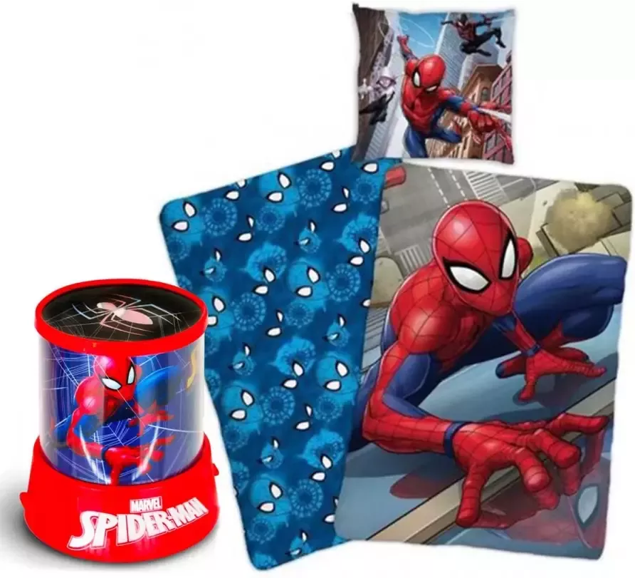 Marvel Spider-Man Dekbedovertrek Eenpersoons 140x200 cm polyester- Dubbelzijdige print- Kussen 63x63 cm incl. Spider-Man projectie lamp