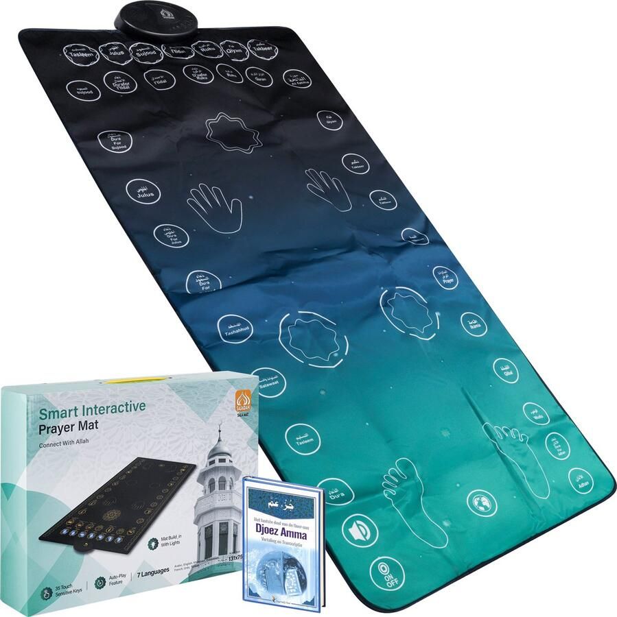 Masaya Deluxe Interactieve Gebedskleed Blauwe Gebedsmat Interactive Prayer Mat Gebedskleed Islamitisch Elektronisch Gebedskleed Pray Gebed Suikerfeest Cadeau Eid Ramadan Gebedskleed Reis Inclusief Djoez Amma Boek