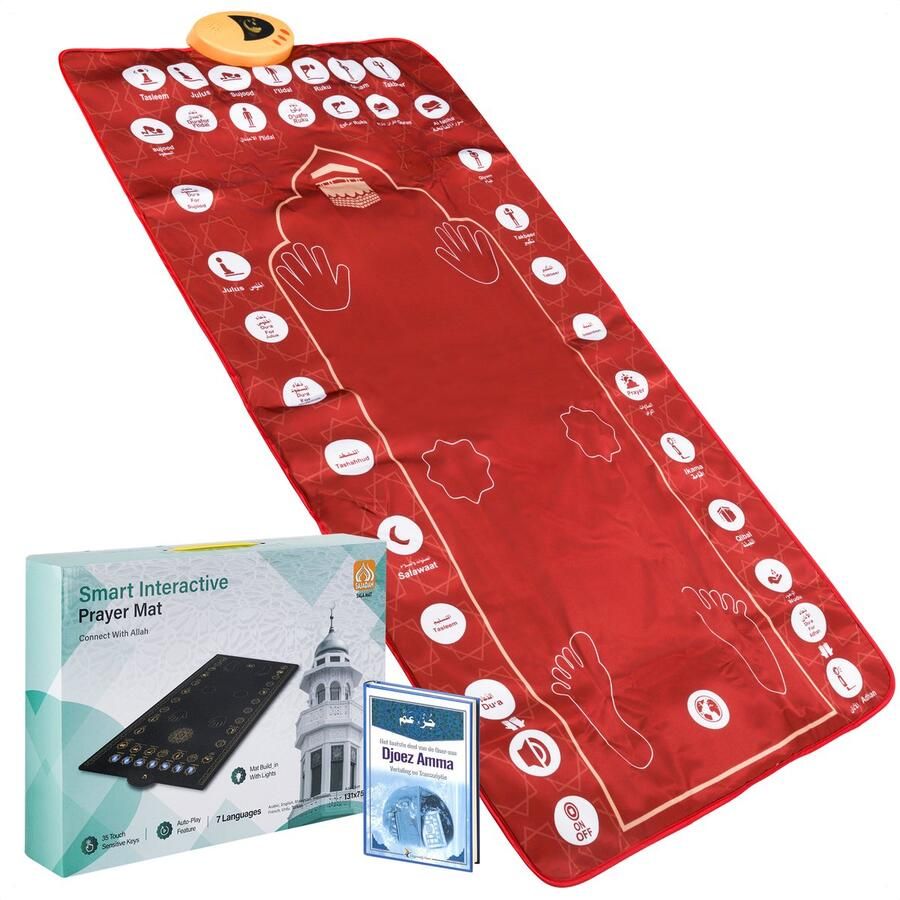 Masaya Deluxe Interactieve Gebedskleed Rode Gebedsmat Interactive Prayer Mat Salah Mat Elektrisch Gebedskleed Pray Gebed Suikerfeest Cadeau Eid Ramadan Gebedskleed Islam Inclusief Djoez Amma Boek