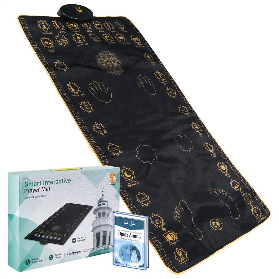 Masaya Deluxe Interactieve Gebedskleed Zwarte Gebedsmat Interactive Prayer Mat Salah Mat Black Elektrisch Gebedskleed Pray Gebed Suikerfeest Cadeau Bidden Eid Ramadan Elektronisch Gebedskleed Islam Inclusief Djoez Amma Boek