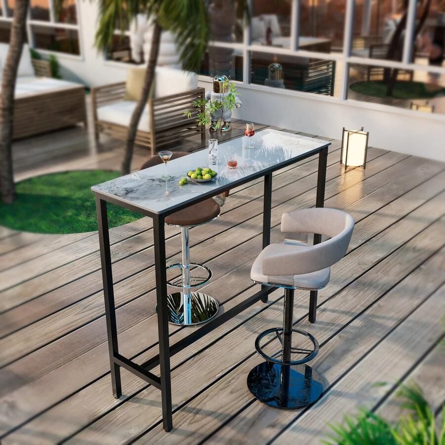 Instinct Gesinterde Stenen Bartafel – Witte Rechthoekige Eettafel op Toonbank Hoogte met Zwart Metalen Frame jade wit