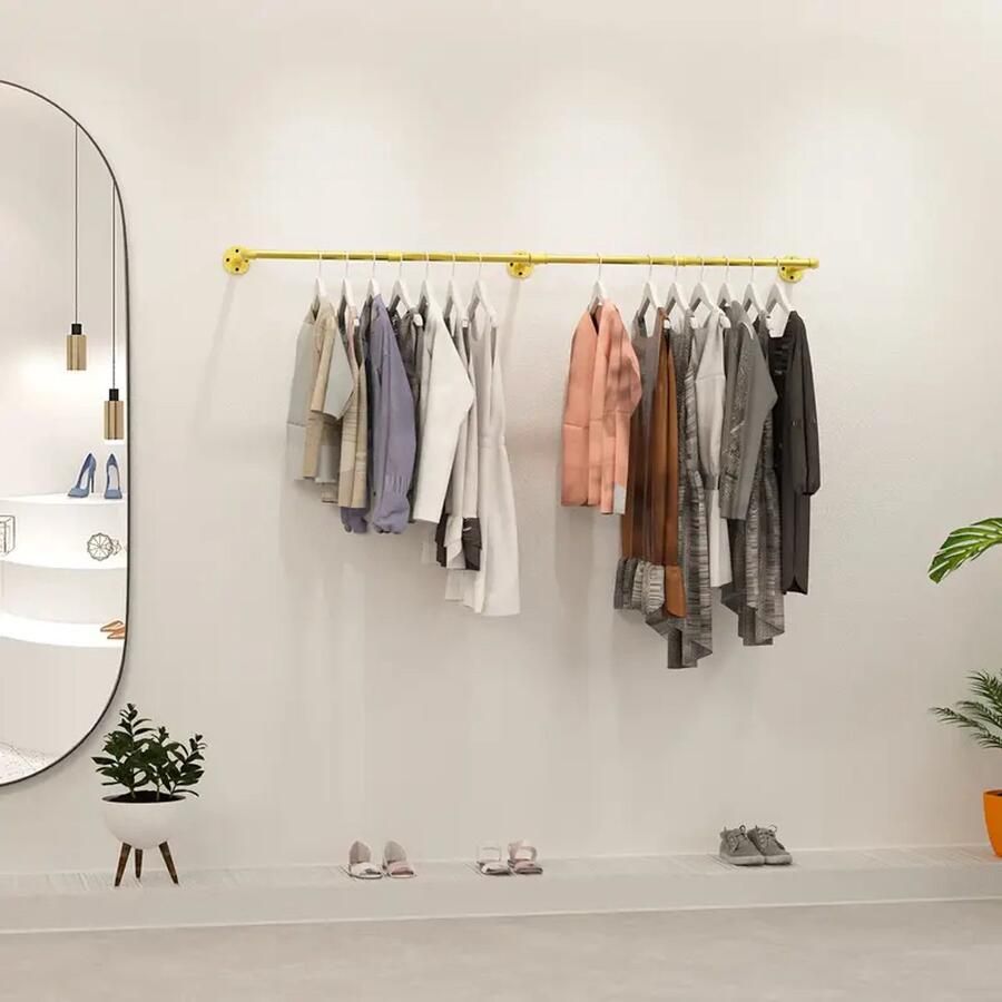 Materiaal Industrial Gold Wall-Mounted Clothes Rack – 180 cm Pipe Rail – Removable Metal Clothes Rail for Hallway Living Room & Bedroom