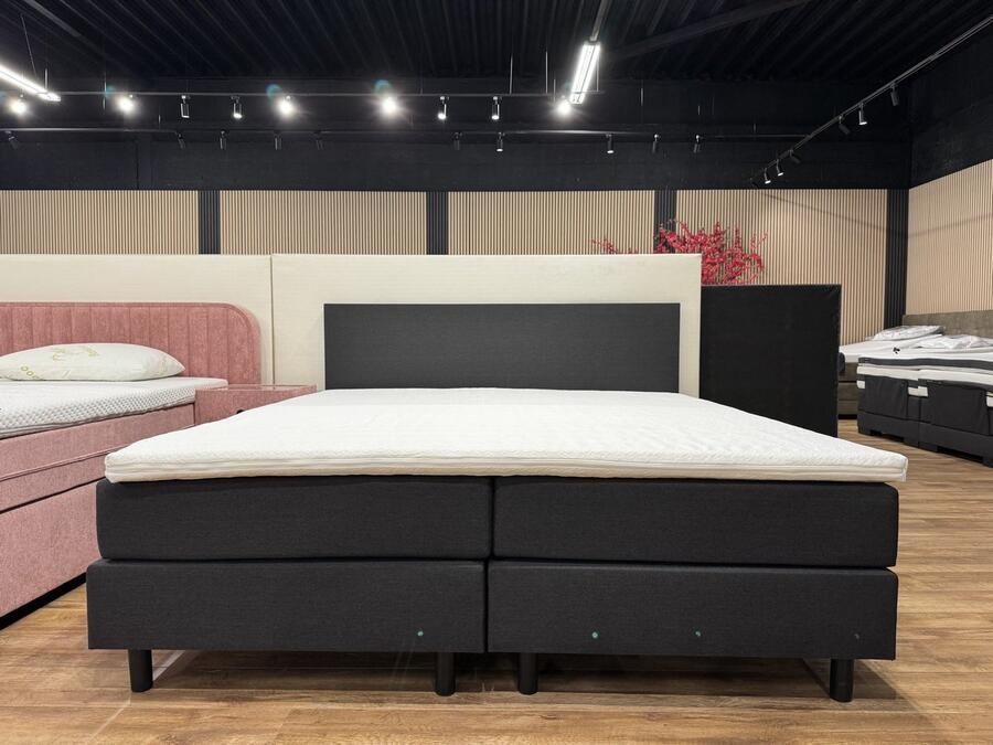 MatexBedding Complete boxspring set Magic 120x210 ANTRACIET betaalbare hotel boxspring voor thuis Ultieme luxe gecombineerd met ongekend slaapcomfort 2x box 2x orthopedische pocketvering matras tegen rugklachten 1 koudschuim topper meegestoffeerd hoofdbord