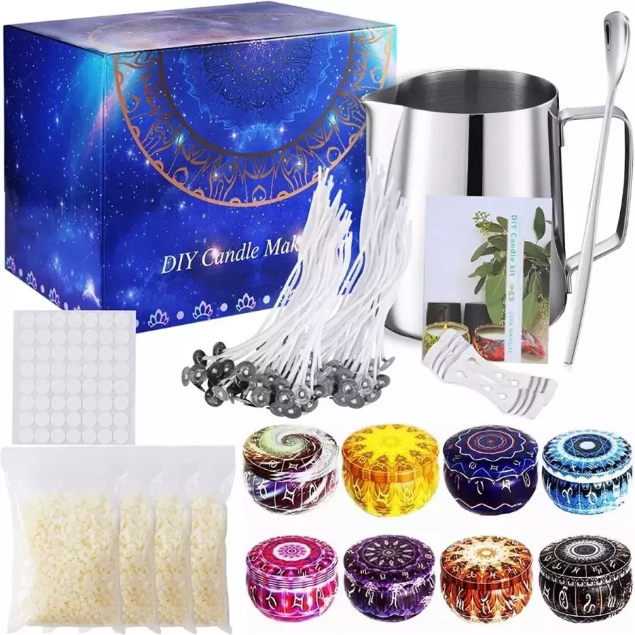 Kandelaar kit doe-het-zelf kaarsenmaken accessoires geurkaars cadeauset inclusief bijenwas kaarslonten lonten stickers kaarsenhouder waxmeltpot kaarsenhouders en lepels