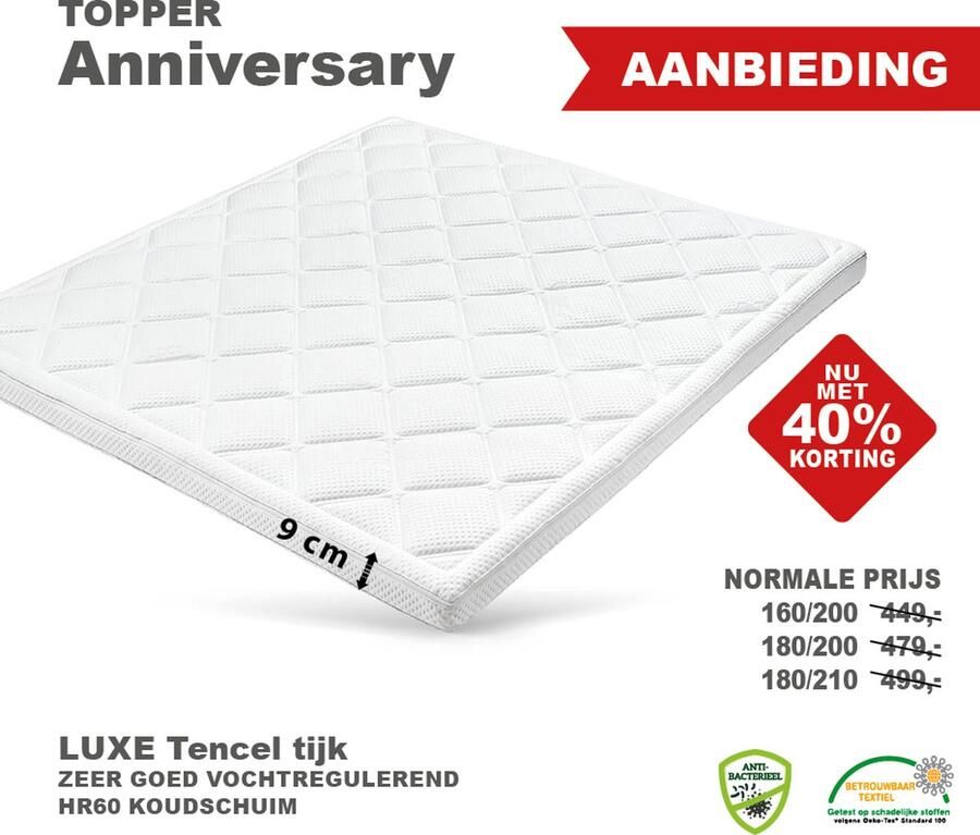 Matrasbestellen.nl Topdekmatras Topper Anniversery 160 x 200 Luxe Tencel Tijk 9 cm dik