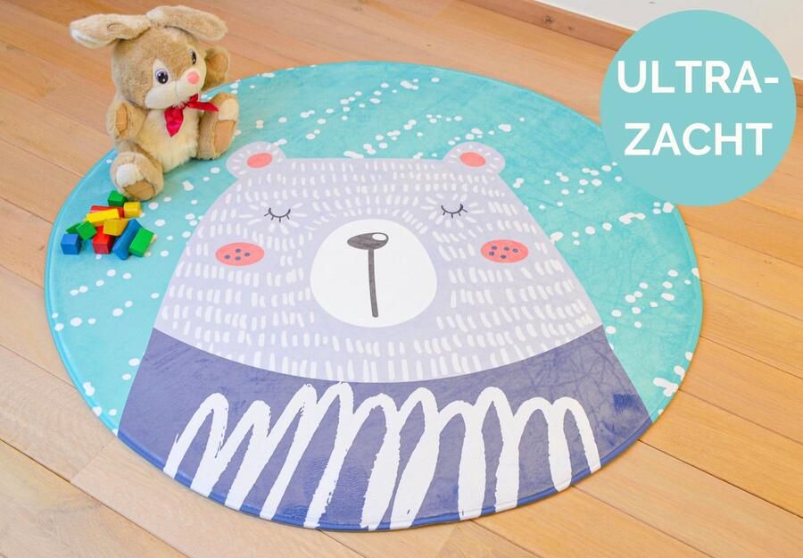 Kindertapijten.be Blauwe Beer Kindertapijt 130cm rond Ultrazacht Anti-slip Wasbaar Tapijt Kinderkamer Tapijt Kinderen Mat Kinderkamer Kindermat Rond Vloerkleed Kinderkamer Speelmat Speeltapijt Speelkleed Kindervloerkleed