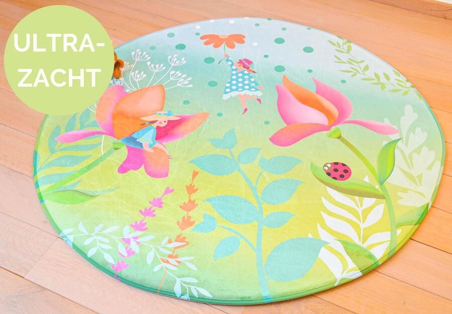 Kindertapijten.be Kindertapijt Met Fee Rond 130cm diameter Ultrazacht Anti-slip Wasbaar Tapijt Kinderkamer Tapijt Kinderen Mat Kinderkamer Kindermat Vloerkleed Kinderkamer Speelmat Speeltapijt Speelkleed