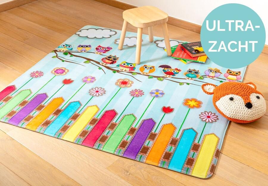 Mats & Joy Kindertapijten.be Uiltjes op stok Kindertapijt 130x130cm Ultrazacht Anti-slip Wasbaar Tapijt Kinderkamer Tapijt Kinderen Mat Kinderkamer Kindermat Vloerkleed Kinderkamer Uil Speelmat Speeltapijt Speelkleed Baby Peuter