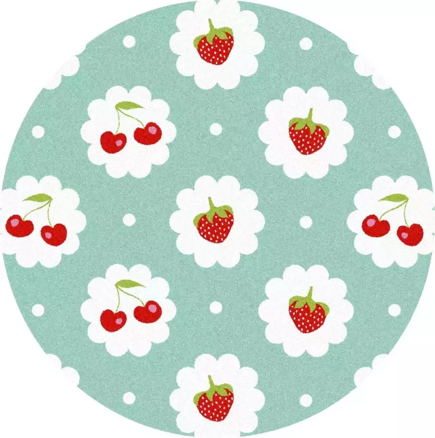 MatStyles Mat Vloermat Vloerkleed Tapijt Kind Kinderkamer Aardbei & Kers Rond Wasbaar Antislip -75 x 75 cm