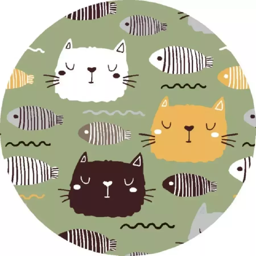 MatStyles Rond Kinder Vloerkleed Tapijt kinderkamer Vis en Kat Wasbaar Antislip 75 x 75 cm