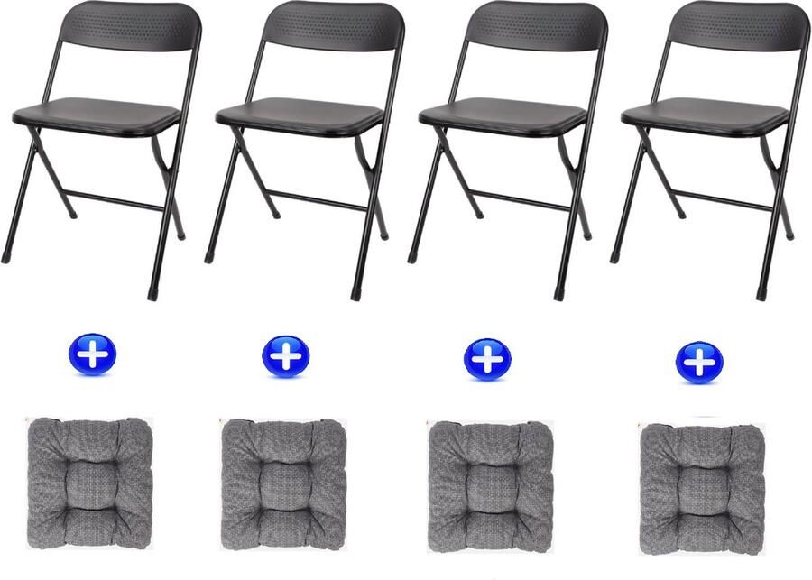 Maxenza Klapstoel Premium – 4 Stoelen en 4 bijpassende zitkussens – Vouwstoel – Bijzetstoel Binnen – tot 110kg belastbaar – 43cm zithoogte Staal PVC Zwart