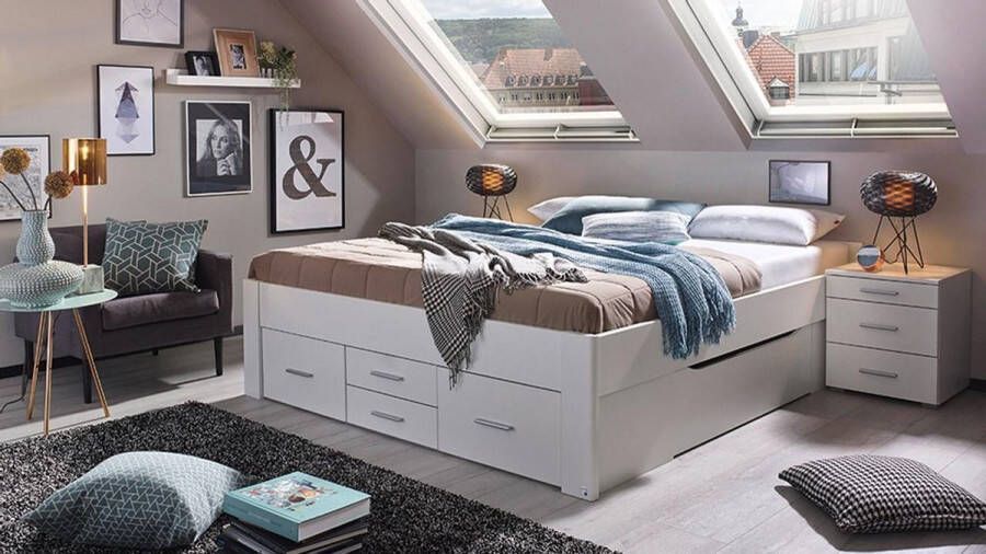 Maxi Bed Butiken met 6 laden hoofdbord en nachtkasten 140 x 200 cm alpine wit