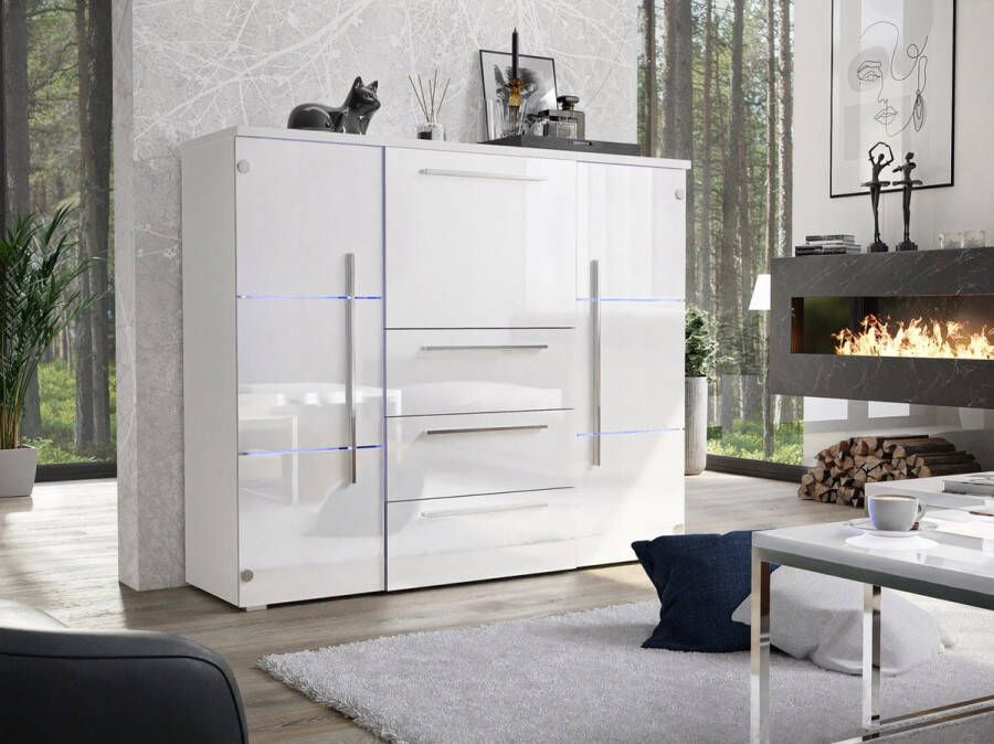 Maxi Maja Bari moderne ladekast voor de woonkamer met LED-verlichting 136 x 39 x 111 cm wit glans