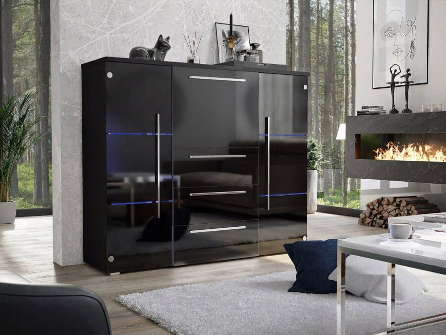 Maxi Maja Bari moderne ladekast voor de woonkamer met LED-verlichting 136 x 39 x 111 cm zwart glans