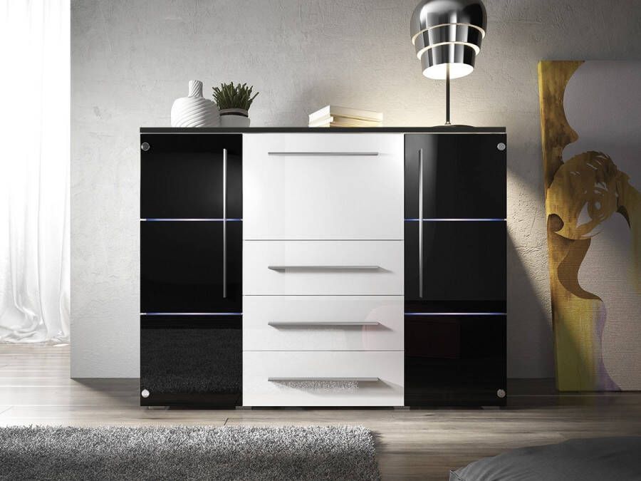 Maxi Maja Bari moderne ladekast voor de woonkamer met LED-verlichting 136 x 39 x 111 cm zwart + wit glans