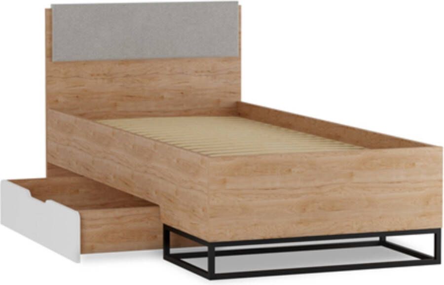 Maxi Huis Bed met lade Metalen poten Houten frame 90 x 200 hickory + wit mat