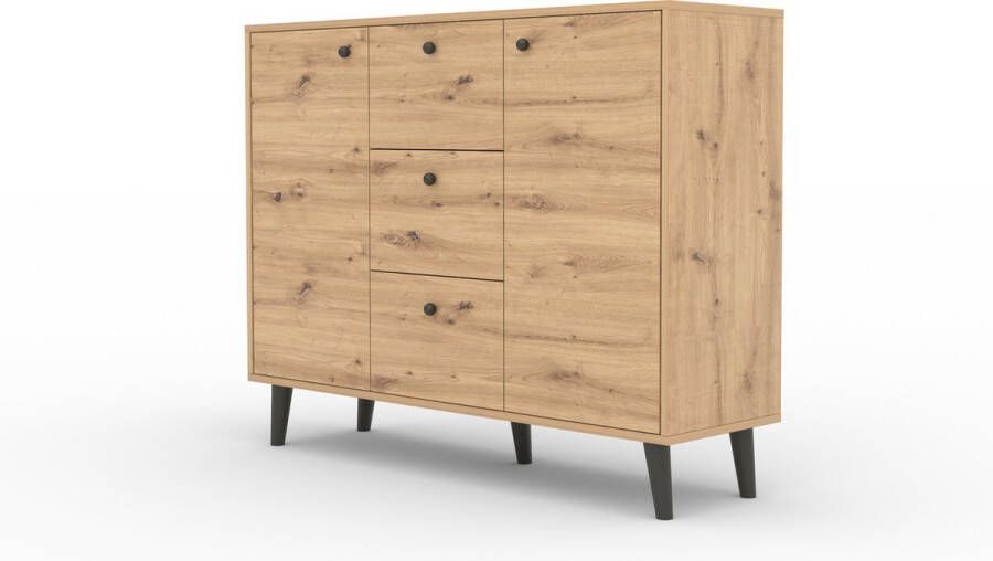 Maxi Huis BESA ladekast Hoge poten Drie lades Planken 120 cm Artisan + Zwarte accessoires
