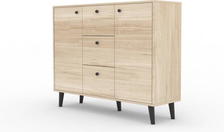 Maxi Huis BESA ladekast Hoge poten Drie lades Planken 120 cm Sonoma + Zwarte accessoires