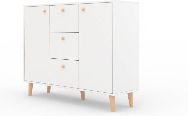 Maxi Huis BESA ladekast Hoge poten Drie lades Planken 120 cm Wit + houten accessoires