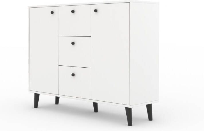 Maxi Huis BESA ladekast Hoge poten Drie lades Planken 120 cm Wit + Zwarte accessoires