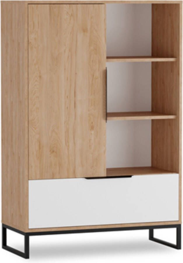Maxi Huis Boekenkast met planken en lades Metalen poten hickory + wit mat 90 cm