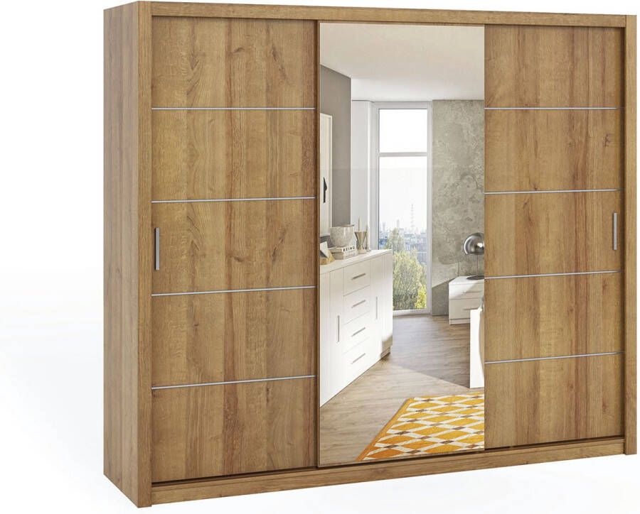 Maxi Huis Bono 250 schuifkast kledingkast met spiegel planken hangers laden ruim voor de slaapkamer gouden eik