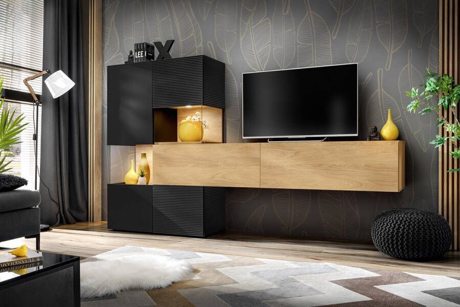 Maxi Huis Brick TV-meubel hickory natuur MDF mat zwart mat zwarte LED breedte 215 cm modern woonkamermeubel