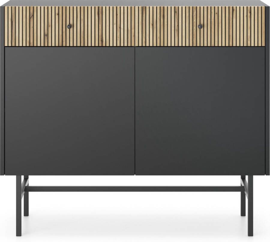 Maxi Maja Diva ladekast 2 deuren 2 lades Mat zwart + sierstrips Metalen poten + handgrepen Push to open systeem 104 cm