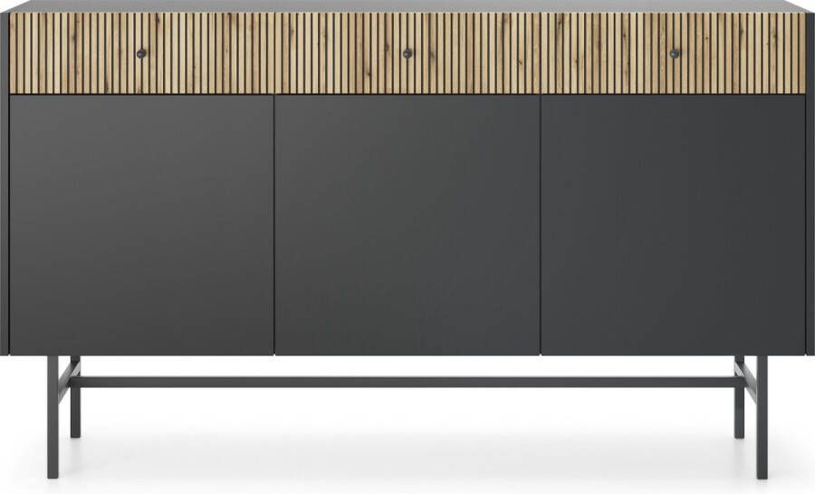 Maxi Maja Diva ladekast 3 deuren 3 lades Mat zwart + sierstrips Metalen poten + handgrepen Push to open systeem 155 cm