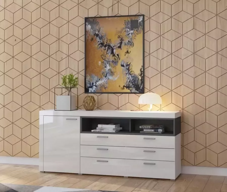 Maxi Huis Dressoir Ladekast Cara 189 cm hoogglans lades planken Wit