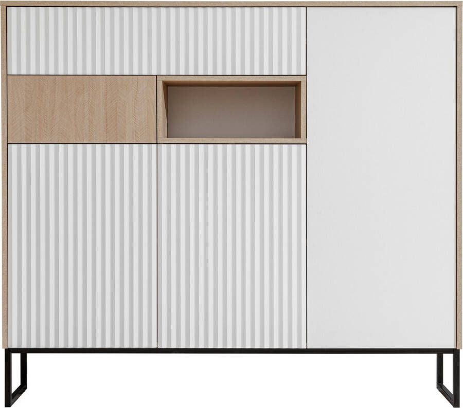 Maxi Huis Dressoir Ladenkast Zoe 3D2S Laden Planken Metalen poten Visgraat Wit Naturel 148 5 cm