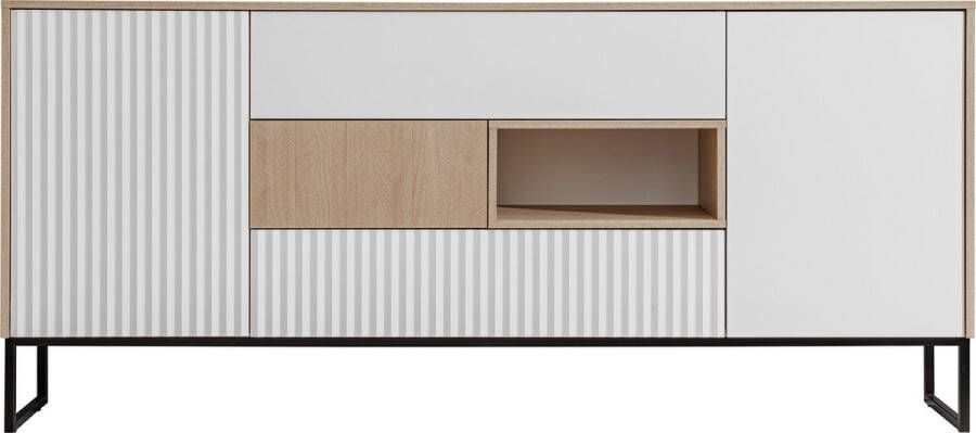 Maxi Huis Dressoir TV-meubel Zoe 2D3S Lades Planken Metalen poten Visgraat Wit Naturel 197 cm